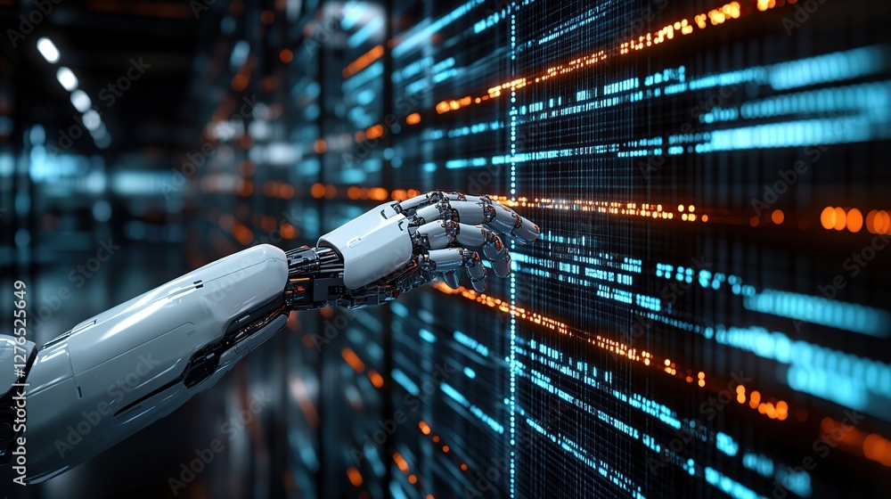 Poster robotic hand interacting with glowing data streams in a futuristic digital environment