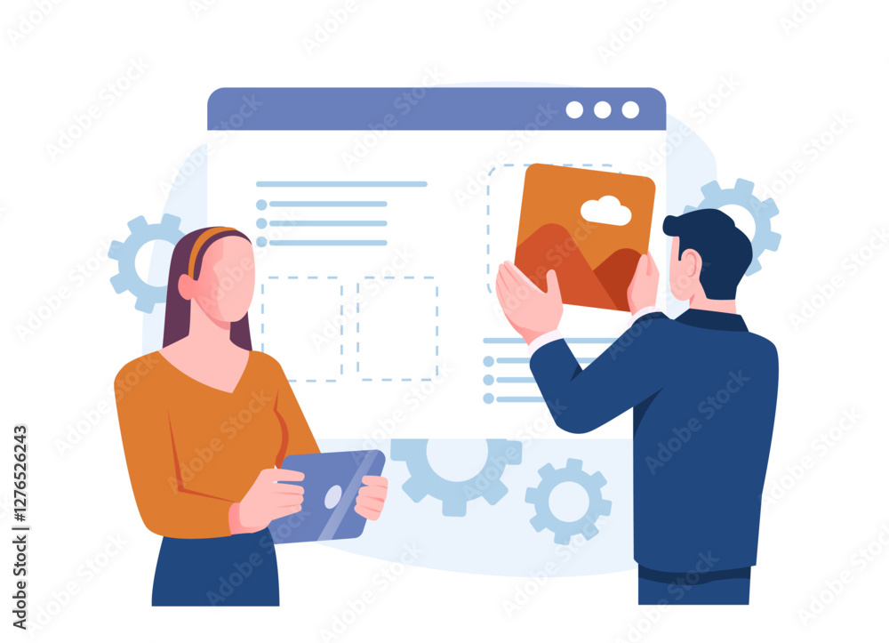 Poster two people collaborating on web design, one holding a tablet and another placing an image on a websi