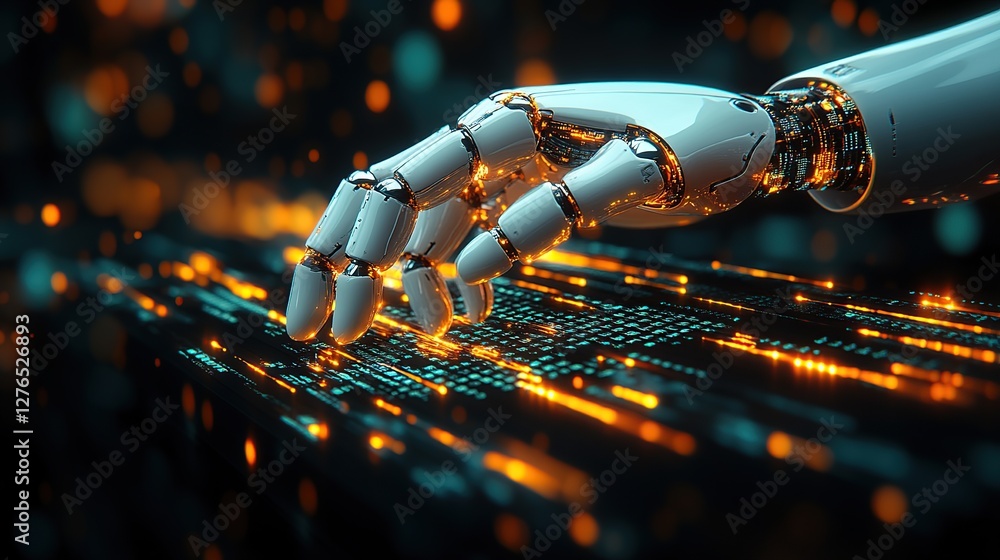 Poster robotic hand interacting with glowing digital interface, showcasing technology and innovation in act