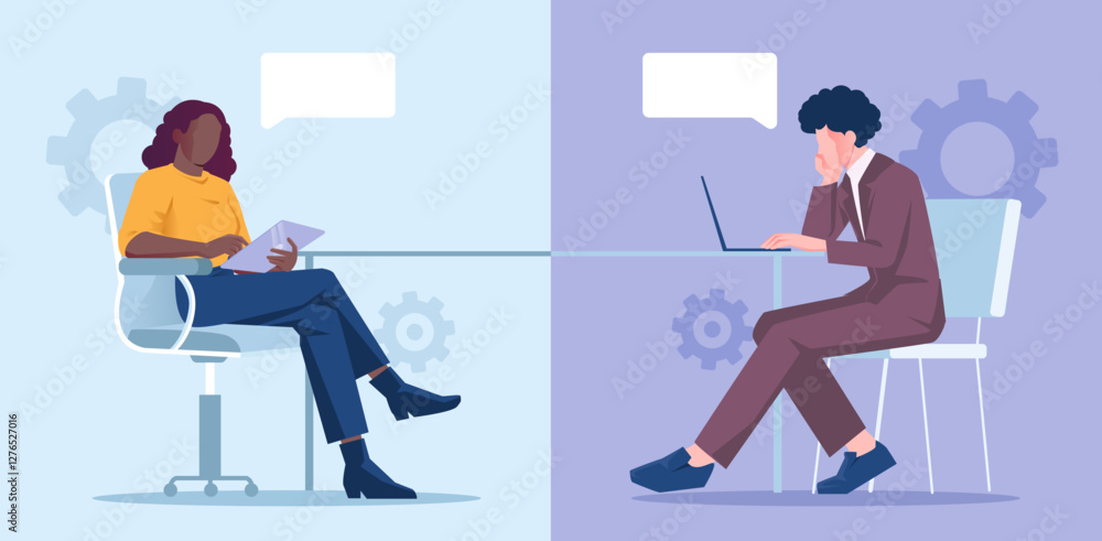 Poster two professionals having a virtual business meeting, one using a tablet and the other using a laptop