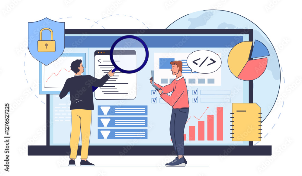 Poster two professionals analyze data on a large screen with charts, graphs, and security icons. one holds 