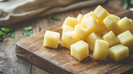 Neatly diced potatoes, smooth and uniform, resting on