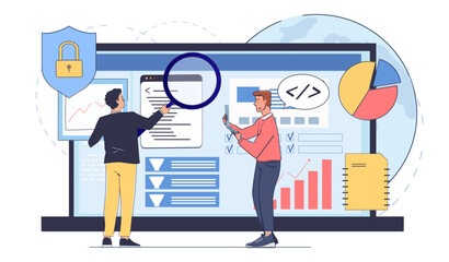 Two professionals analyze data on a large screen with charts, graphs, and security icons. One holds a magnifying glass, the other a laptop. Business and cybersecurity concept. Vector illustration