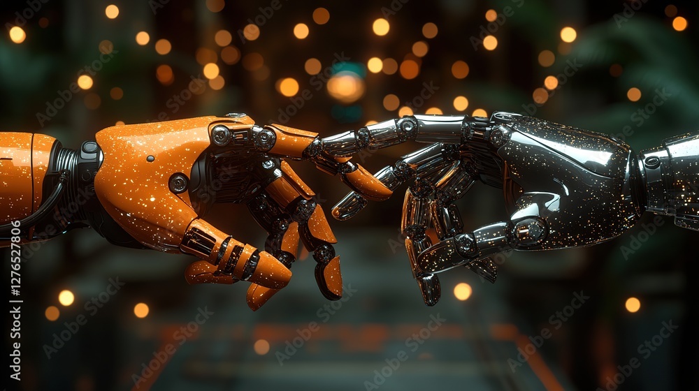 Poster two robotic hands reaching towards each other in a futuristic setting with soft glowing lights