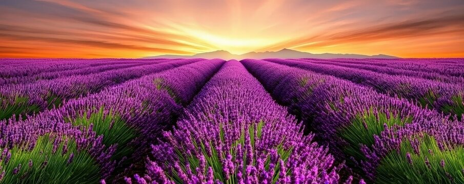 A vibrant lavender field stretches towards the horizon under a colorful sunset, showcasing rows of purple blooms against a stunning sky.