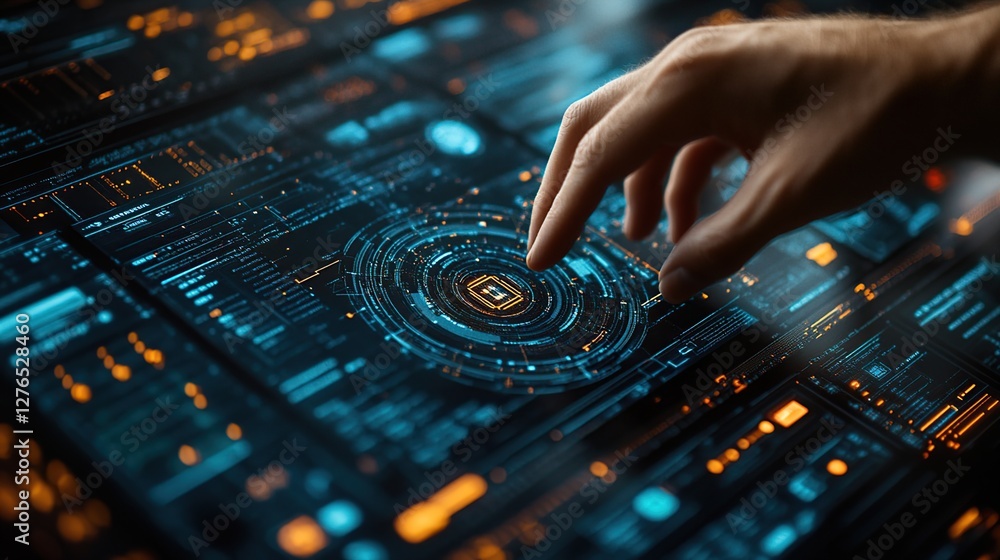 Poster futuristic hand interacting with a digital interface displaying complex data visuals in a tech envir