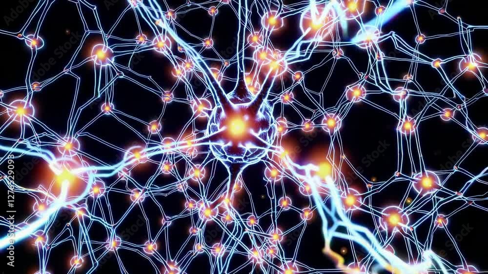 Poster neural network connections with glowing nodes, digital illustration. artificial intelligence and dat