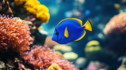 blue tang fish swimming gracefully among vibrant coral reefs, showcasing beauty of marine life