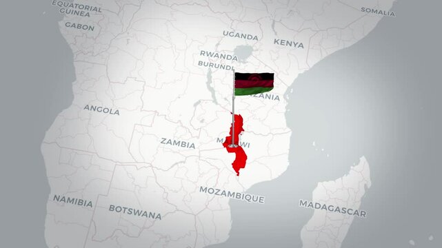 Malawi map animation. The Malawi flag flies majestically over a detailed Malawi map
