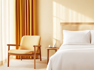 A cozy, modern bedroom with soft lighting and a warm yellow decor, creating a peaceful, relaxing atmosphere perfect for rest.