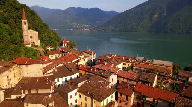 Italy,  most beautiful scenic villages near lake . Lago di Lugano, beautiful valley Valsolda and charming traditional village San Mamete. Border with Switzerland. aerial 4k hd video