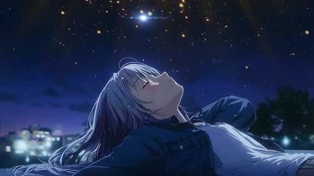 lo-fi anime, lo-fi art, Anime Girl Lying on the Grass and Gazing at the Starry Night Sky. Seamless looping time lapse animation video background  
