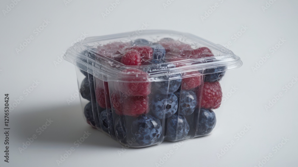 Poster Freshly packed container of mixed berries with raspberries and blueberries, isolated on white background