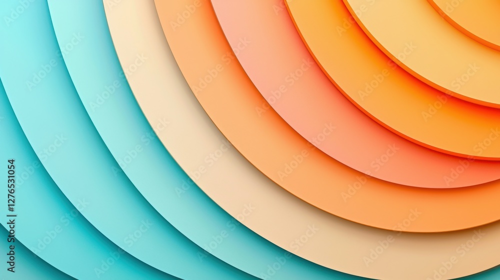 Poster a vibrant composition of layered, circular shapes in varying shades of blue, orange, and peach, crea
