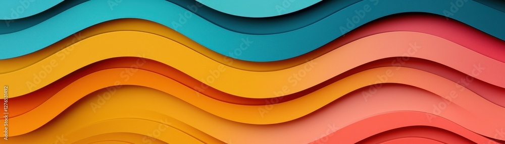 Poster a vibrant design featuring layered, wavy patterns in blue, orange, and pink hues, creating a dynamic