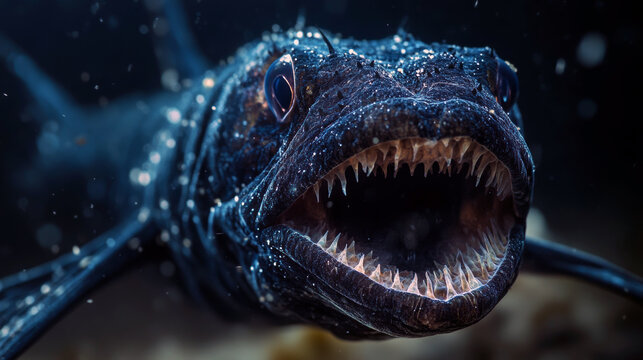 Deep-sea dragonfish with sharp teeth in ocean depths.