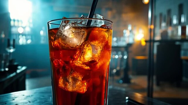 Cool Refreshment: An inviting close-up showcases a refreshing drink, filled with ice and a straw, set against the atmospheric backdrop of a bar setting, inviting viewers to savor the moment.