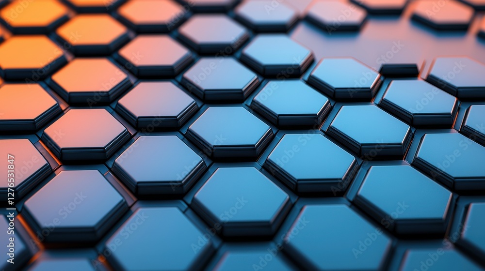 Poster a close-up view of a hexagonal pattern with a glossy finish, showcasing a blend of orange and blue r