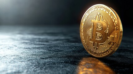 Golden Bitcoin Coin on Dark Surface with Dramatic Lighting