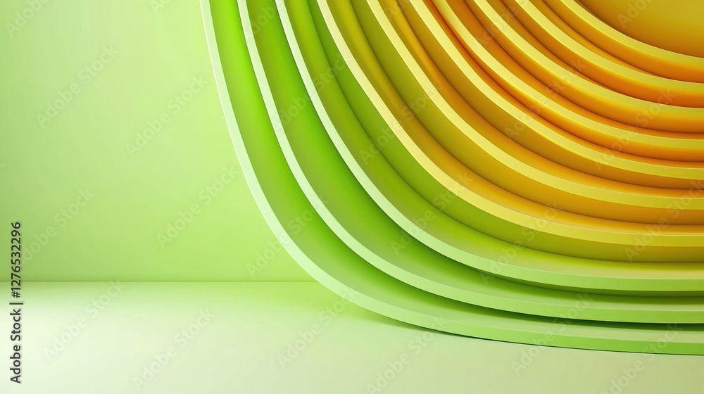 Poster a vibrant, abstract design featuring layered curves in shades of green and yellow, creating a dynami
