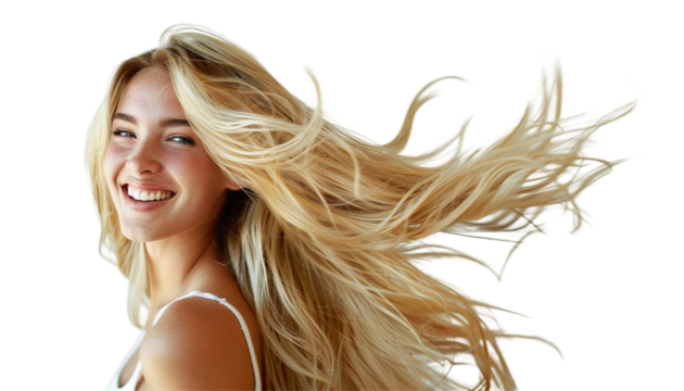 Young smiling blonde woman healthy hair transparent PNG set bundle isolated background
