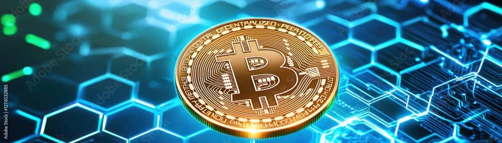 Poster a shiny bitcoin coin is prominently displayed against a blue, digital hexagonal background, symboliz