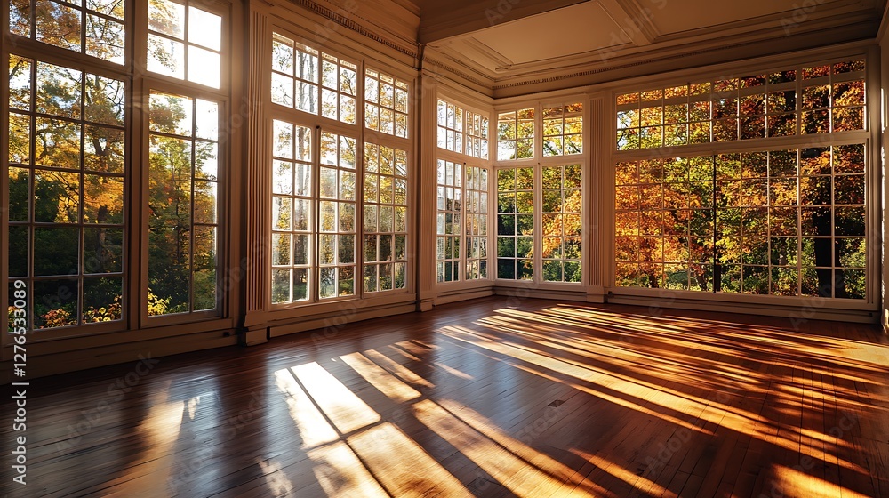 Poster sunlight streaming through windows in empty room with autumn view