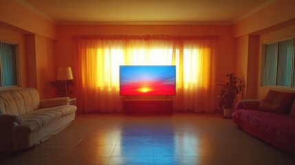 Sunset TV screen living room apartment interior