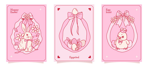 Coquette Easter greeting card templates set with bunny, chick and eggs in pink theme with ribbon bow cartoon doodle hand drawing. Girly minimal vector illustration.