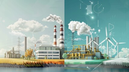 Environmental contrast between industrial pollution and renewable energy landscapes