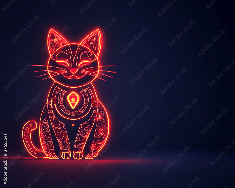 Poster a glowing neon cat illustration with intricate patterns, representing technology, creativity, and di