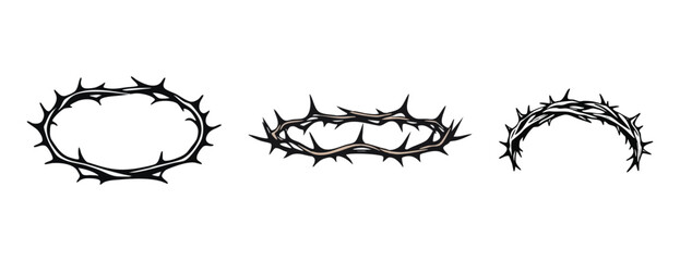 Crown of thorns religious Christian symbol black elements vector hand drawn illustration, Circle of thorns icon on Transparent  white Background