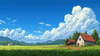 Fototapeta premium A serene landscape featuring a quaint house surrounded by lush fields and majestic mountains under a bright blue sky with fluffy clouds.