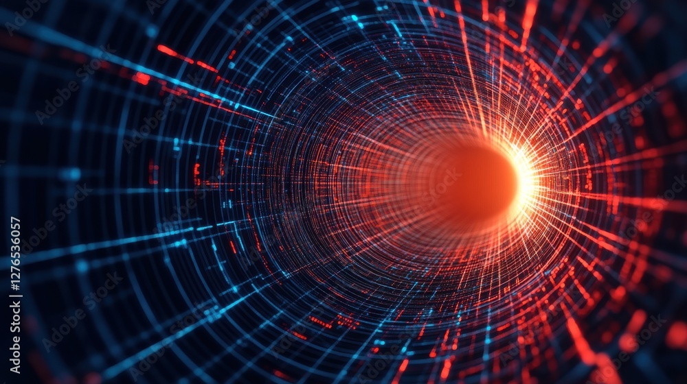 Poster a vibrant, abstract representation of a tunnel with glowing red and blue lines converging towards a 