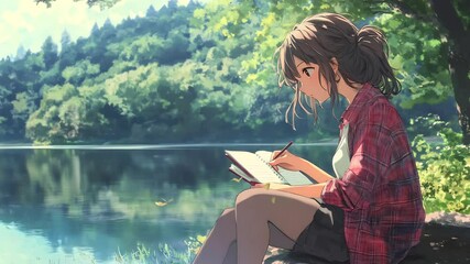 lo-fi anime, lo-fi art, Anime Girl Writing in a Notebook by a Serene Lake. Seamless looping time lapse animation video background  
