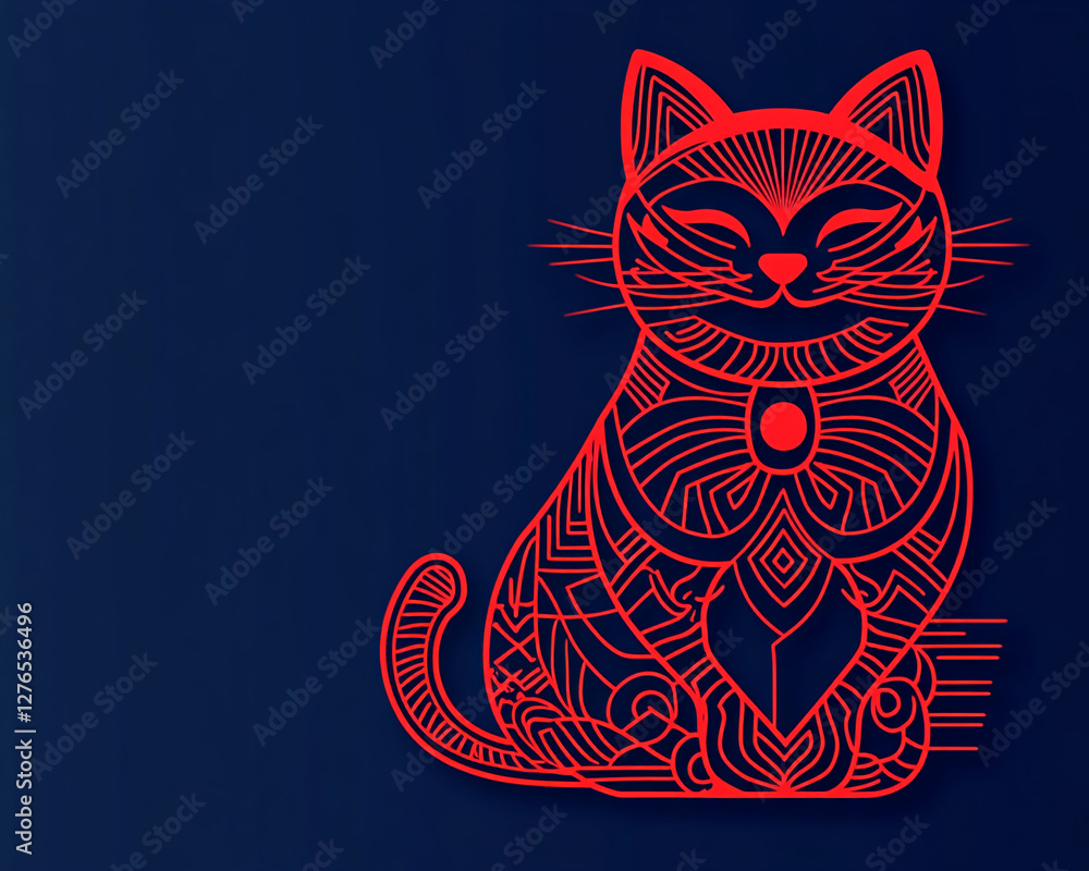 Poster a glowing red neon cat illustration with geometric patterns, symbolizing modern design and creativit