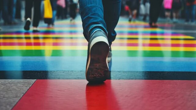 Stepping Towards Equality: A person strides confidently across a vibrant, rainbow-colored crosswalk, symbolizing progress, acceptance, and the ongoing journey towards equality.