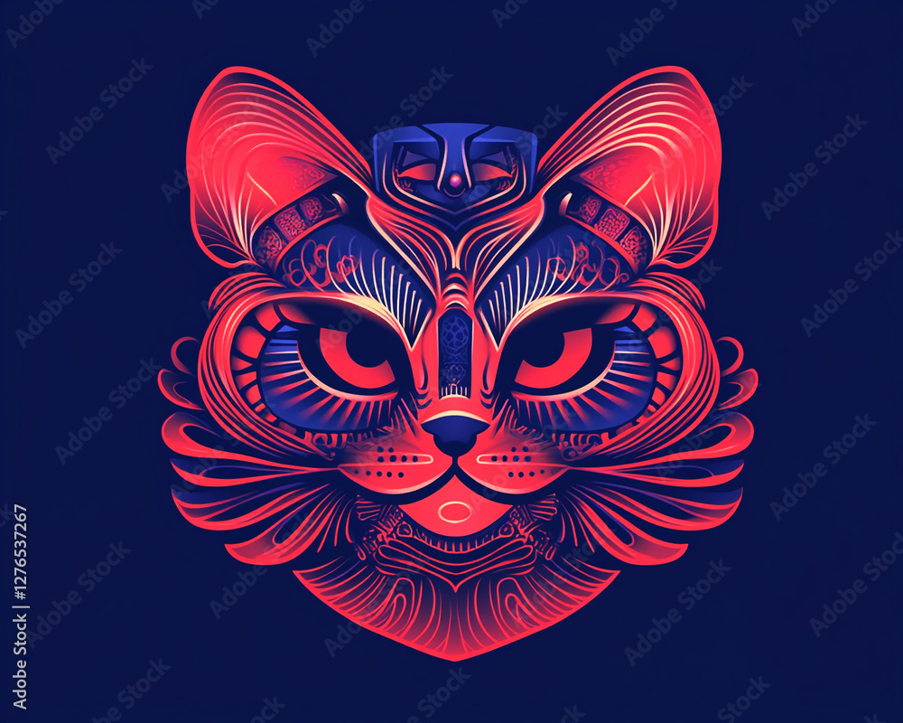 Poster neon red cat illustration with intricate geometric patterns and glowing eyes, symbolizing creativity