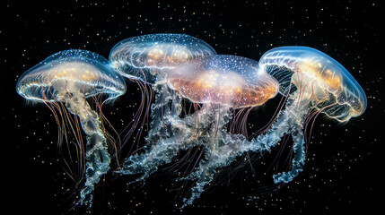 Fototapeta premium Glowing jellyfish in dark ocean: luminescent marine creatures.