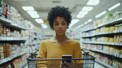 Social media rumors affecting a woman in a grocery store. Featuring stress and confusion
