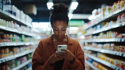 Social media rumors affecting a woman in a grocery store. Featuring stress and distraction