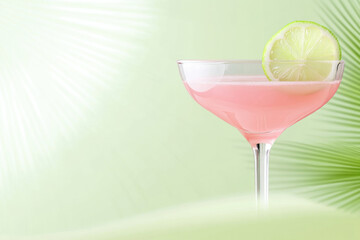 Pink lime cocktail in a coupe glass on a bright yellow surface