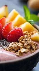 Colorful smoothie bowl topped with granola, chia seeds, and fresh fruit