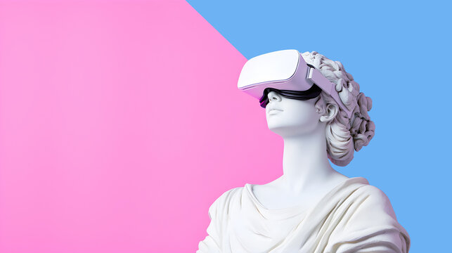Statue of woman wearing virtual reality glasses. Sculpture bust on light blue and pink background. VR headset. Concept of future technology. Combination of history and modernity. Surrealism, 3 D model