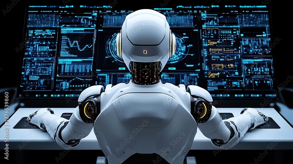 Poster futuristic robot analyzing data on high-tech screens in a dark, immersive control room setting
