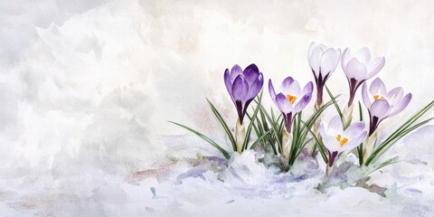 Obraz premium Beautiful purple and white flowers are emerging and growing out of the snow