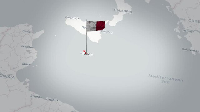 Malta map animation. The Malta flag flies majestically over a detailed Malta map
