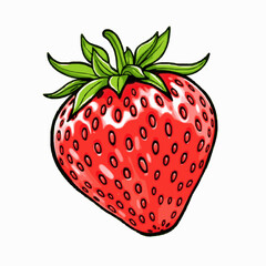 Fototapeta premium Ripe Red Strawberry with Green Leaves White Outline Vector