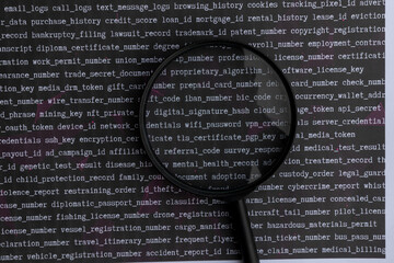 A magnifying glass revealing crucial personal information, symbolizing identity theft risks,...