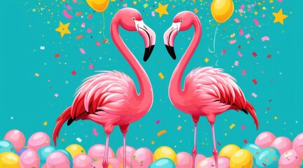 Obraz premium Two Pink Flamingos Amidst Pastel Balloons and Confetti on Teal Background